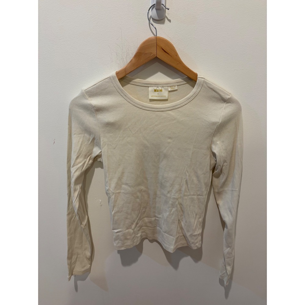 Maeve by Anthropologie Cream Ribbed Long Sleeve Crew Neck Top Medium